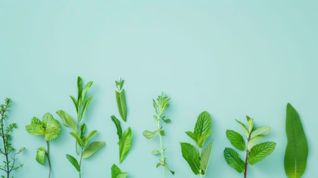 A collection of various types of leaves, showcasing their unique shapes, sizes, and colors, arranged on a vibrant blue background. The different textures and details of the leaves add visual interest to the composition.