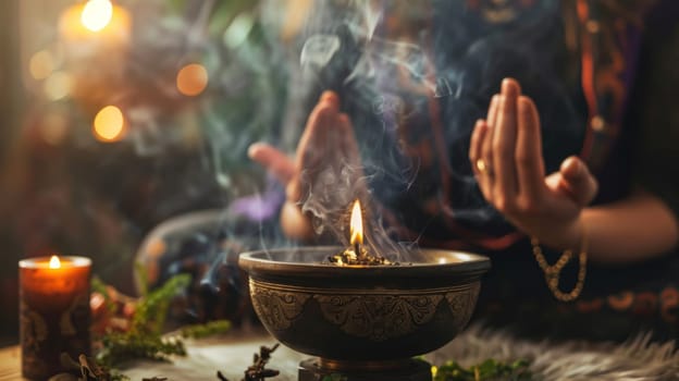 A person is seated in front of a bowl emitting smoke, appearing to observe or interact with the swirling vapors. The bowl is filled with billowing clouds of smoke, adding a mysterious and intriguing element to the scene.