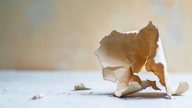 A piece of paper torn in half, showing a clear division between the two sections. The torn edges are jagged and uneven, with fibers and layers exposed.