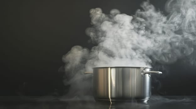 A large pot with steam billowing out of it, indicating that its contents are being cooked or heated. The steam rises high into the air, adding to the ambiance of a bustling kitchen environment.