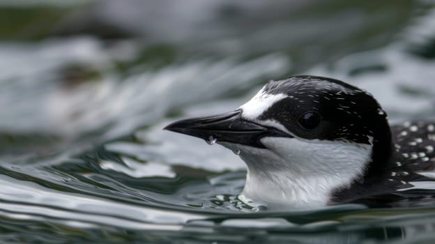 A black and white bird is gracefully swimming in the water, showing off its elegant feathers as it glides through the calm surface.