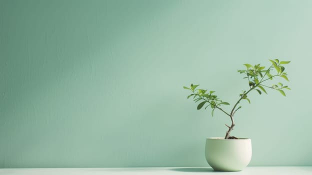 A small green plant is placed inside a clean white vase, which sits on a wooden table. The plants leaves are vibrant and healthy, adding a touch of nature to the indoor space.