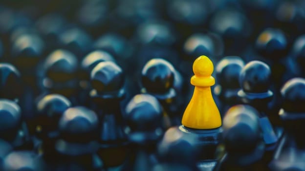A single yellow pawn stands prominently among a group of black pawns on a chessboard. The yellow pawn appears to be the focal point of the composition, drawing attention to its unique color amidst the uniform black pieces.