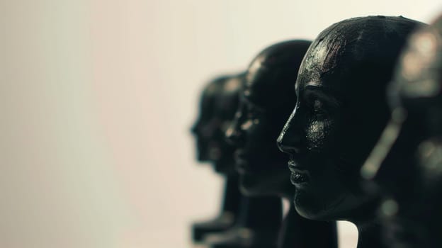 A row of identical black statues are positioned next to each other, all seated in an upright position. The statues are facing forward and appear to be made of a dark stone material.