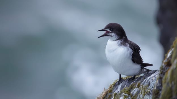A small bird perched on a smooth rock by the ocean, calmly observing its surroundings. The gentle waves crash against the shore as the bird preens its feathers under the bright sun.