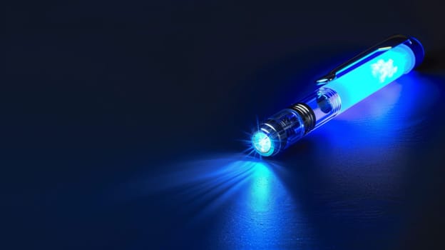 A blue light shines on a flashlight, casting a bright glow on the metallic surface and creating a stark contrast with the surrounding darkness. The flashlight appears sturdy and ready for use.