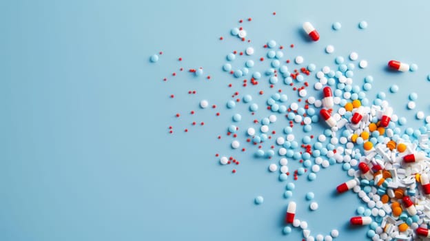 Numerous pills are stacked in a disordered pile on a solid blue background. The pills vary in size, shape, and color, creating a visual contrast against the uniform blue backdrop. The image conveys a sense of pharmaceutical abundance and the necessity of medication in modern society.