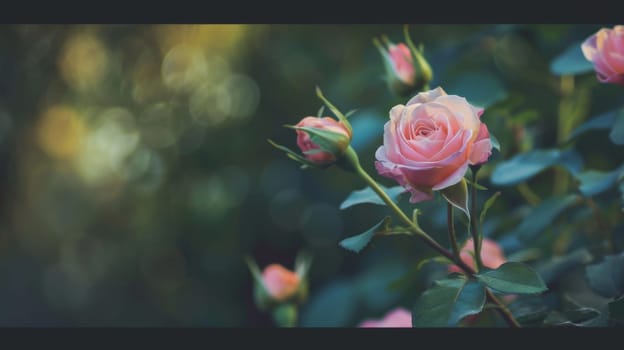 A group of vibrant pink roses with luscious green leaves clustered together. The delicate petals contrast beautifully against the lush foliage, creating a striking visual composition.