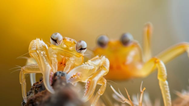 A close-up view of a spider crawling on a leafy green plant, showcasing the intricate details of the arachnids body and its surroundings in nature. The spider appears to be navigating through the plant, possibly hunting for prey or creating a web.
