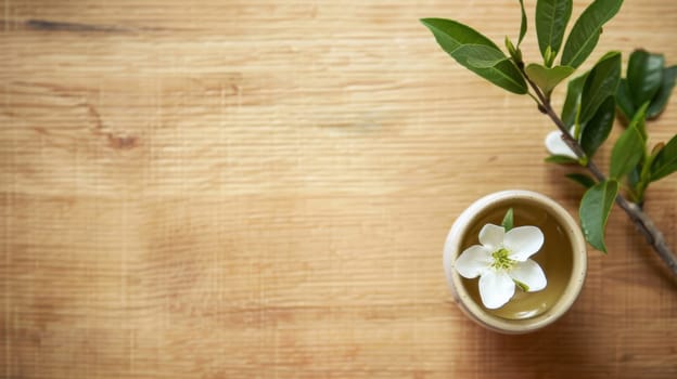 A ceramic cup filled with tea, containing a delicate flower floating in it. The cup is placed on a wooden table, with a soft light illuminating the scene.