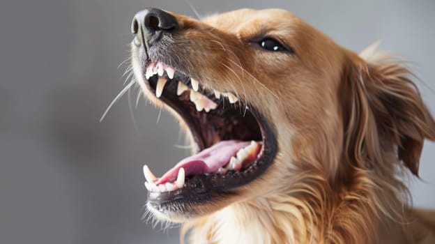 A close-up view of a dog showing its teeth with its mouth open. The canine appears alert and possibly reacting to a stimulus. The focus is on the dogs mouth and teeth in clear detail.