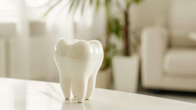 A tooth model is positioned on top of a pristine white table, depicting dental anatomy and serving as a visual aid for educational purposes. The model rests elegantly, showcasing the intricate details of teeth and gums.