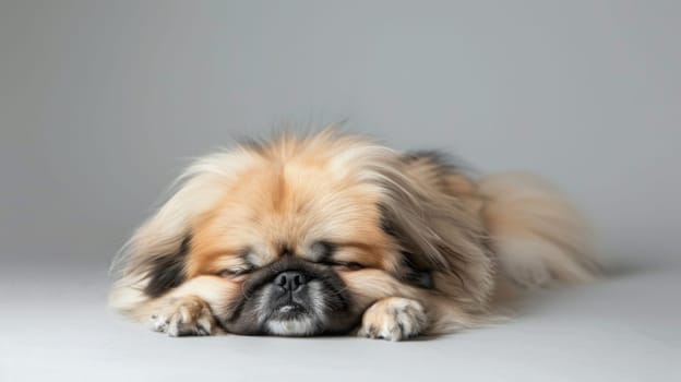 A small brown dog is laying peacefully on top of a white floor, looking relaxed and comfortable in its surroundings. The dogs fur blends well with the floor, creating a harmonious and simple scene.