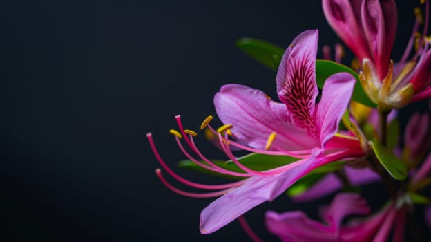 A close-up view of a vibrant pink flower set against a stark black background. The delicate petals of the flower are in full bloom, showcasing intricate details and textures.