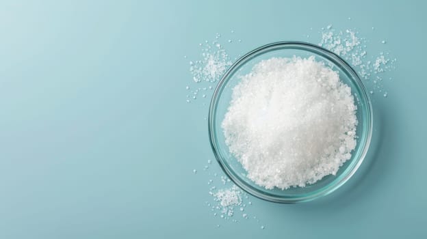 A glass bowl filled to the brim with white granulated sugar, reflecting light and creating a sparkling effect. The sugar is neatly packed, forming a smooth surface.
