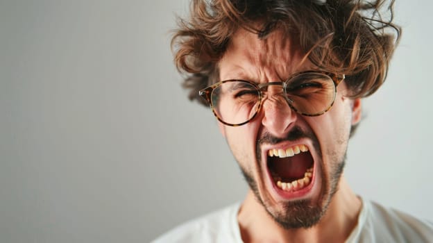 A man with glasses and a beard is visibly enraged, screaming at the top of his lungs. His facial expression shows intense anger and frustration as he vocalizes his emotions loudly.