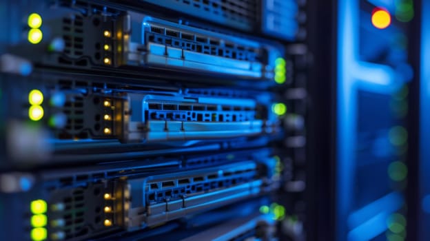 A row of server racks filled with server units in a data center. Cables are neatly organized and connected to the servers, creating a network for data storage and processing.