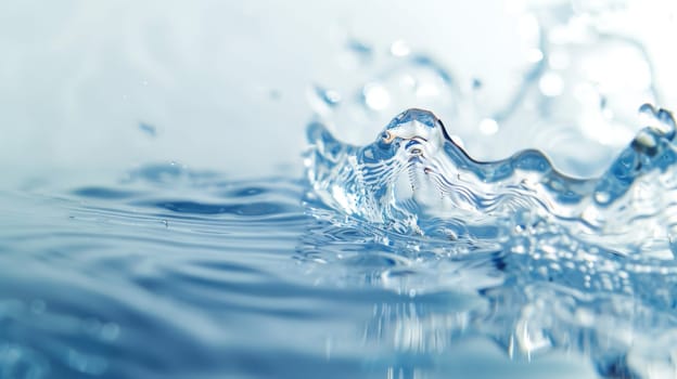 A detailed view of a singular water droplet resting on the surface of a large body of water, creating a small ripple around it. The droplet reflects the surrounding environment in a clear and distinct manner.