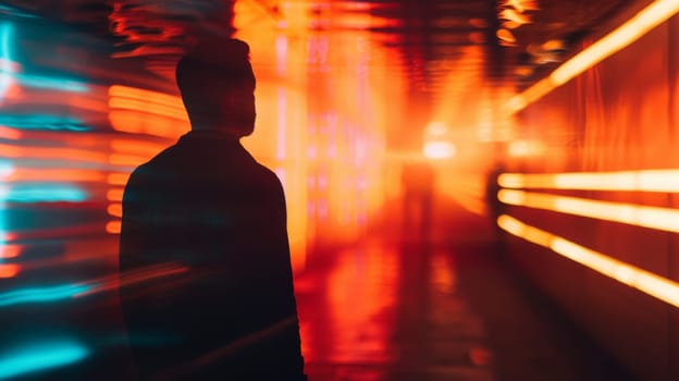 A man, illuminated by bright lights, stands in a dark tunnel. The contrast between light and darkness creates a dramatic scene.