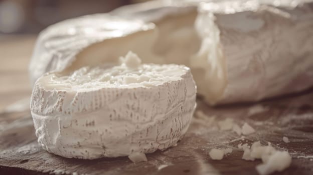 A piece of cheese is placed on top of a wooden table, showcasing its texture and color against the rustic surface.