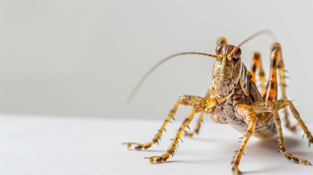A macro shot capturing a bug crawling on a plain white surface, showcasing intricate details of its body and features. The bug is seen moving slowly across the surface, with visible legs and antennae.