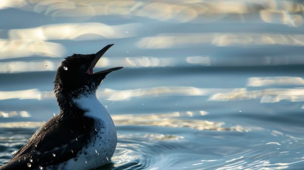 A black and white bird rests on the still surface of a body of water, its feathers contrasting against the dark water. The bird sits calmly, observing its surroundings.