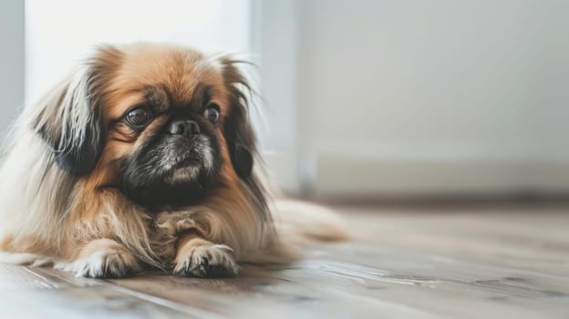 A small brown and white dog is lying comfortably on the floor, resting its head on its paws. The dog appears relaxed and content in its surroundings.