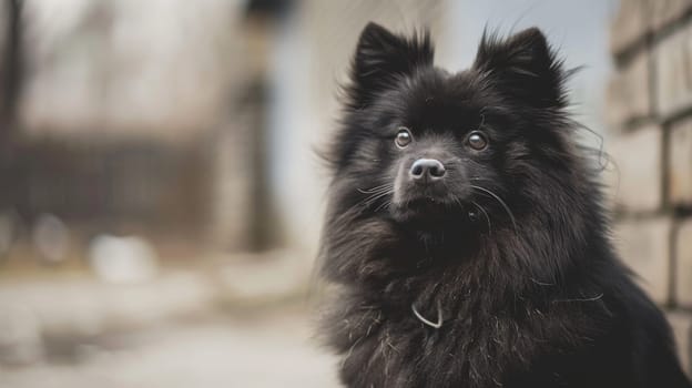 A small black dog is sitting next to a brick wall, looking alert and attentive. The dogs fur is shiny, and its ears are perked up. The brick wall provides a solid backdrop to the scene.