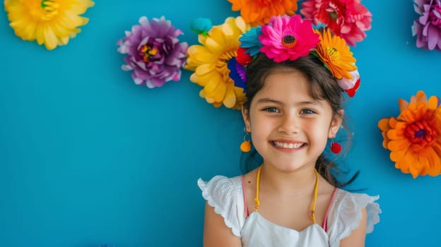 A young girl stands with a variety of colorful flowers balancing precariously on her head. She looks up with a smile, holding onto the delicate petals to prevent them from falling.