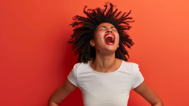 A woman with dreadlocks wearing a white shirt is standing in the image.
