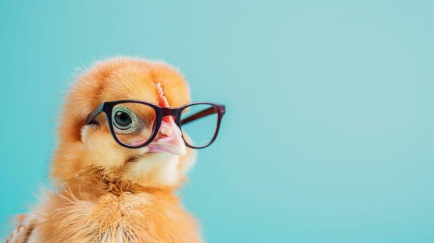 A duck with glasses on its beak stands against a vibrant blue background, looking curious and intelligent. The glasses add a quirky touch to the ducks appearance.