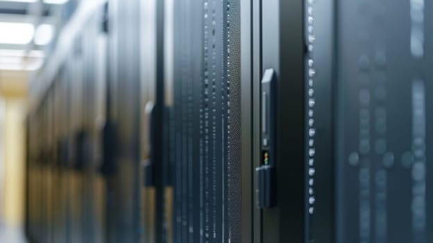A row of servers neatly aligned in a data center, each machine humming with activity as data is processed and stored. Wires and cables connect the servers, ensuring seamless communication and functionality within the network infrastructure.