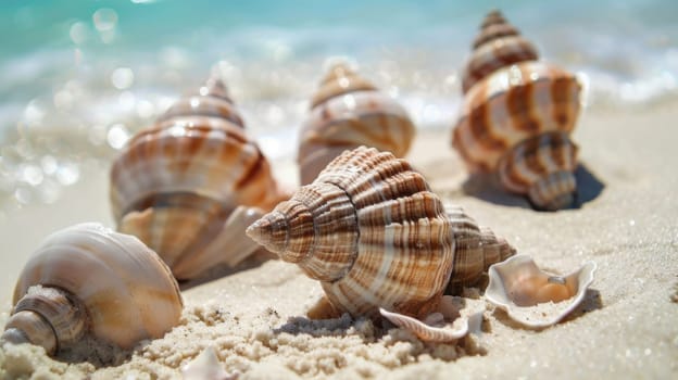 Several sea shells are scattered on top of a sandy beach, under the bright sun. Each shell varies in size, shape, and color, with some partially buried in the sand.
