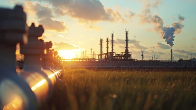 The sun sets slowly in the background, casting a warm glow over the industrial landscape of an oil refinery. Silhouettes of chimneys, pipelines, and storage tanks are visible against the fading light.