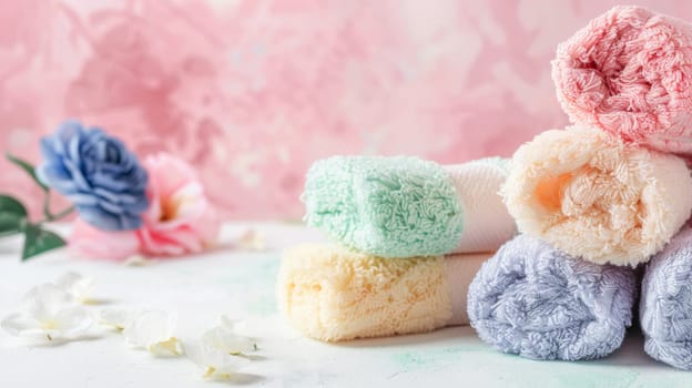 A collection of vibrant, colorful towels neatly stacked on top of a wooden table. Each towel showcases different hues and patterns, creating a visually striking display. The towels are folded or rolled, adding to the orderly arrangement of the pile.