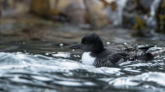 A black and white duck peacefully floats on top of a calm body of water, its reflection mirrored below. The duck appears to be gliding effortlessly across the surface of the water.