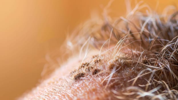A close-up view of a persons head with a significant amount of hair covering it. The hair is thick and appears to be well cared for, with strands of varying lengths and colors visible.