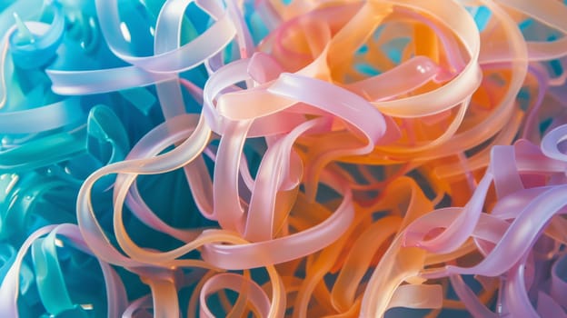 A close-up view of a cluster of various colored streamers hanging in the air. Each streamer is vibrant and distinct in color, creating a dynamic and festive display.