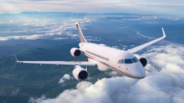 An airplane soars high above the fluffy white clouds in the sky, leaving a trail of exhaust behind. The clear blue sky provides a perfect backdrop for the aircraft as it travels on its journey.