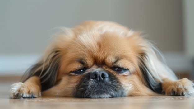 A small brown dog is peacefully laying on top of a wooden floor. The dogs fur blends in with the warm tones of the floor, creating a cozy scene. The dog appears comfortable and relaxed in this domestic setting.