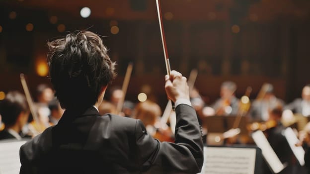 A conductor standing in front of an orchestra, holding a baton and directing the musicians. The orchestra members are focused on the conductor, following their cues to create harmonious music together.