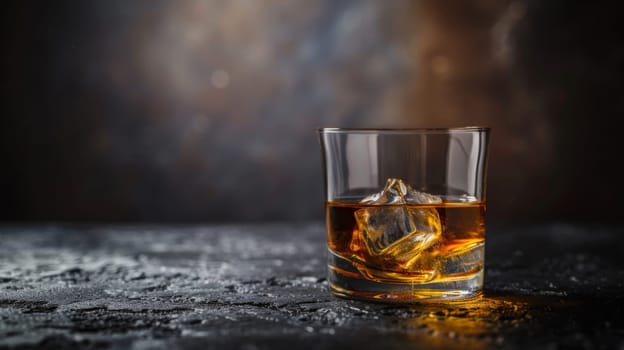 A glass filled with whiskey and ice cubes placed on a wooden table. The amber liquid swirls gently as the ice slowly melts, creating a refreshing and inviting scene.