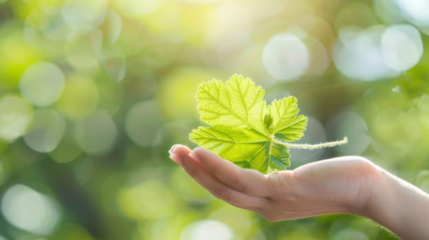 A person gently holds a vibrant green leaf in their hand, showcasing the intricate texture and color of nature up close.