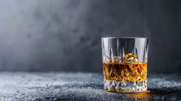 A glass filled with whiskey is placed atop a table, the amber liquid contrasting with the dark wood surface.