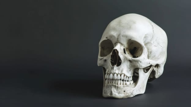 A white human skull is prominently displayed against a stark black background. The intricate details of the skull are highlighted in contrast to the darkness of the background.