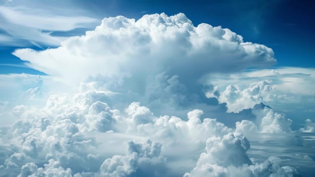A large cloud dominates the sky above a layer of clouds, creating a striking contrast in the atmosphere. The scene showcases the dynamic interactions between different cloud formations.