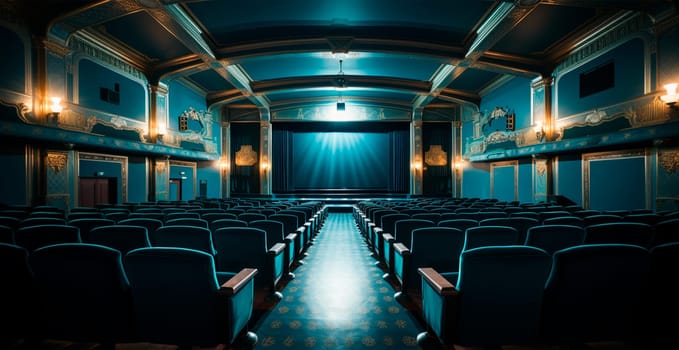Large cinema, watching new films, blue hall, leisure for the whole family AI generated image