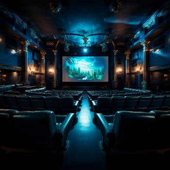 Large cinema, watching new films, blue hall, leisure for the whole family AI generated image
