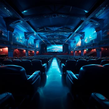 Large cinema, watching new films, blue hall, leisure for the whole family AI generated image