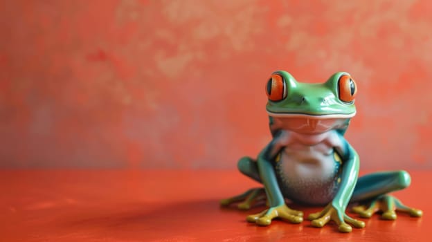 A green frog is perched on a red table, its vibrant color contrasting against the bright red surface. The frog appears calm as it sits neatly, observing its surroundings.